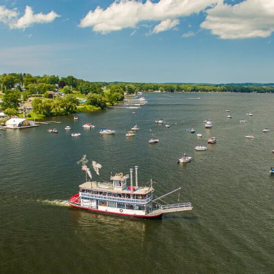 a small boat in a large body of water