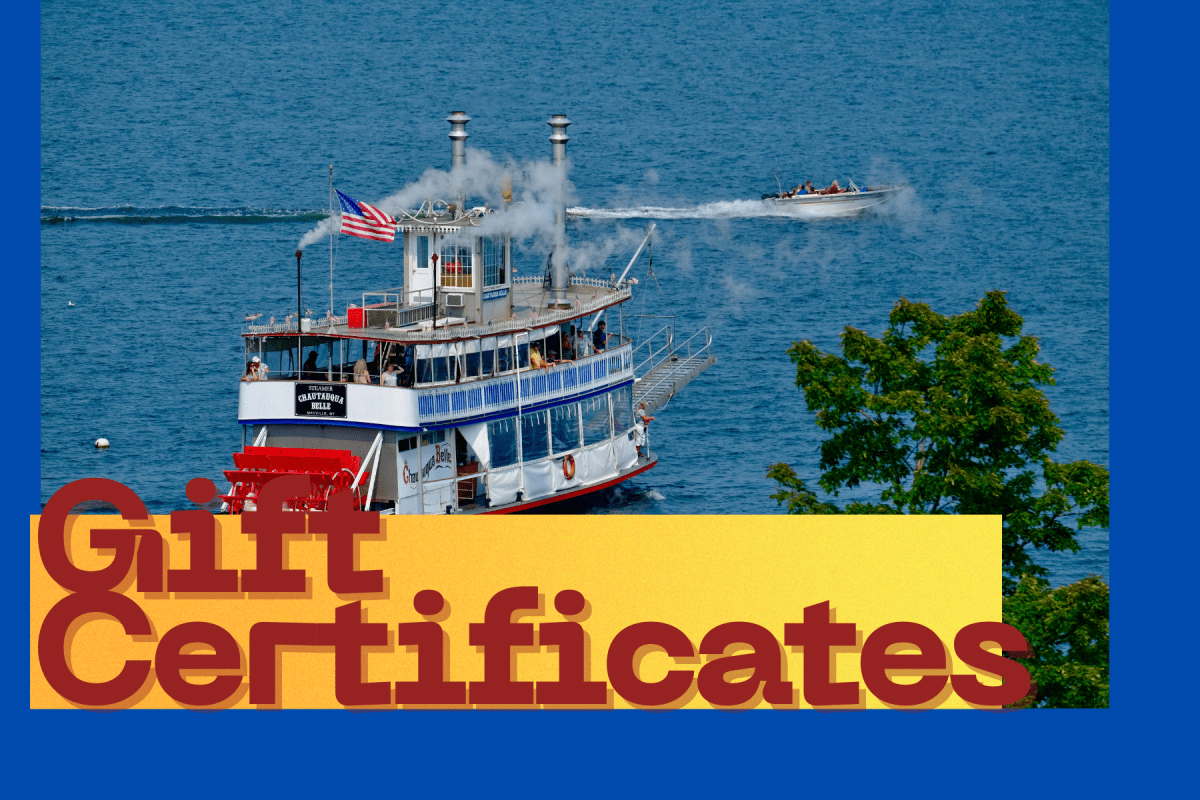 Paddle steamboat on a lake with 'Gift Certificates' text overlay.